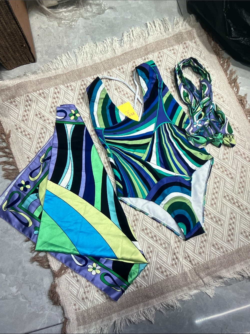 Emilio Pucci Green, Blue & Purple Graphic One-Piece Bodysuit with Scarf